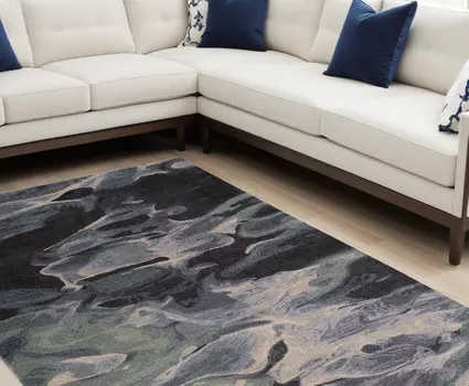 10' X 14' Blue and Black Wool Abstract Hand Tufted Area Rug
