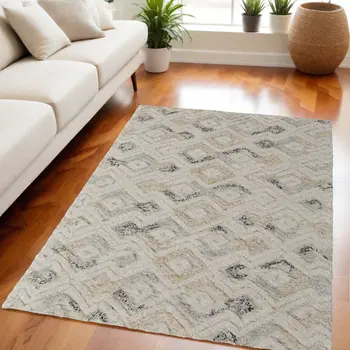 5' X 8' Gray and Ivory Geometric Hand Tufted Area Rug