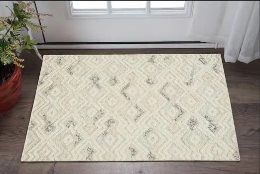 2' X 3' Gray And Ivory Wool Geometric Handmade Area Rug