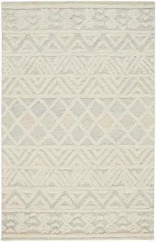 5' X 8' Ivory Blue And Tan Wool Geometric Tufted Handmade Stain Resistant Area Rug