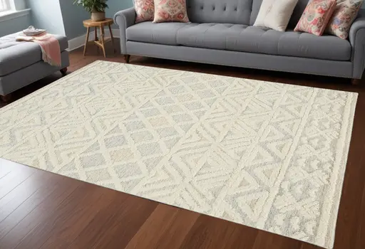 9' X 12' Ivory Blue And Tan Wool Geometric Tufted Handmade Stain Resistant Area Rug