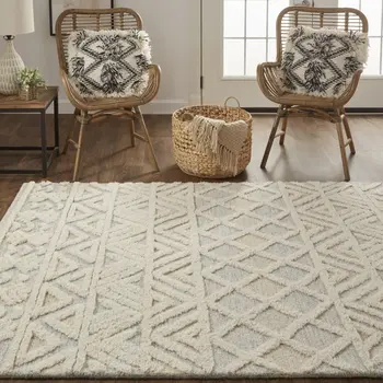 12' X 15' Ivory Blue And Tan Wool Geometric Tufted Handmade Area Rug