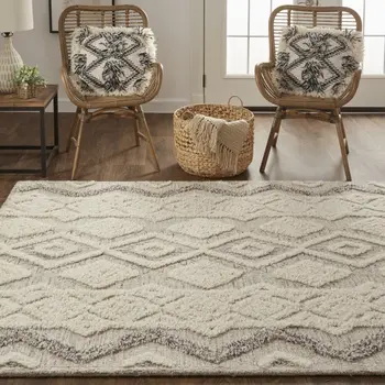 10' X 14' Ivory Taupe And Gray Wool Geometric Tufted Handmade Stain Resistant Area Rug