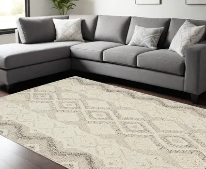 10' X 14' Ivory Taupe And Gray Wool Geometric Tufted Handmade Stain Resistant Area Rug