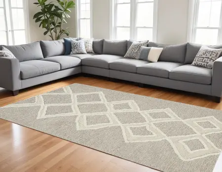 8' X 10' Gray And Ivory Wool Geometric Tufted Handmade Stain Resistant Area Rug
