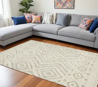 10' X 14' Ivory And Tan Wool Geometric Tufted Handmade Stain Resistant Area Rug