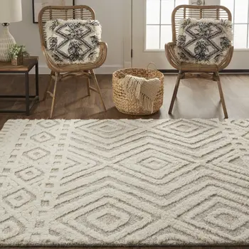 12' X 15' Ivory And Tan Wool Geometric Tufted Handmade Area Rug