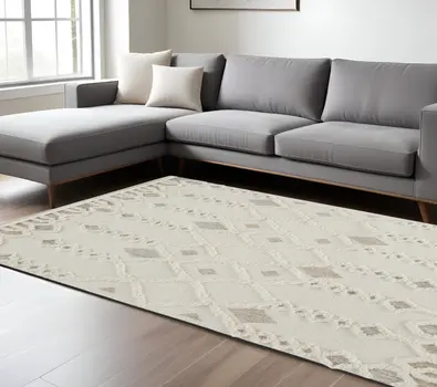 8' X 10' Gray and Ivory Wool Geometric Hand Tufted Area Rug