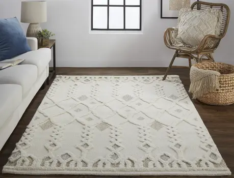 9' X 12' Ivory Tan And Silver Wool Geometric Tufted Handmade Stain Resistant Area Rug