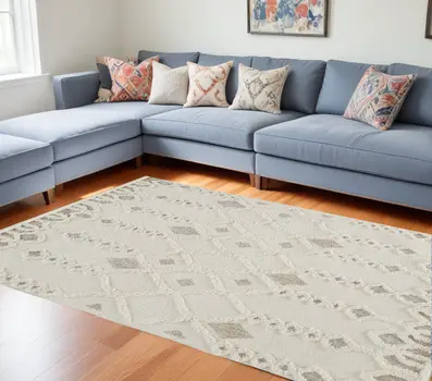 10' X 14' Ivory Tan And Silver Wool Geometric Tufted Handmade Stain Resistant Area Rug