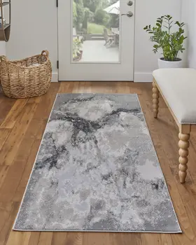 8' Gray and Ivory Abstract Power Loom Non Skid Runner Rug