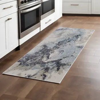 8' Blue and Ivory Abstract Power Loom Non Skid Runner Rug