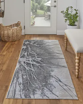 8' Gray and Ivory Abstract Power Loom Non Skid Runner Rug