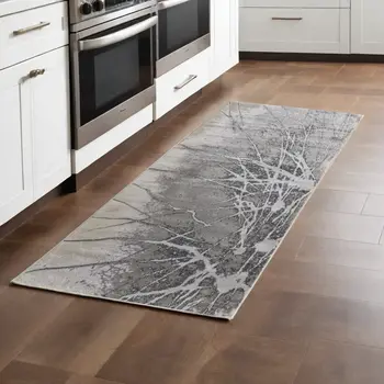 8' Gray and Ivory Abstract Power Loom Non Skid Runner Rug