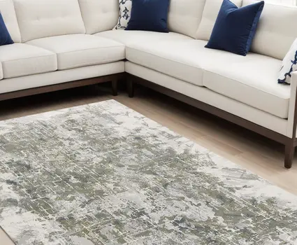 10' X 13' Green Gray And Ivory Abstract Distressed Stain Resistant Area Rug