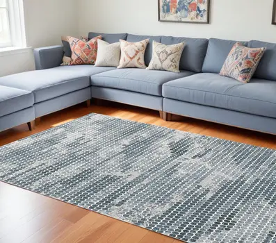 8' X 10' Blue And Gray Polka Dots Distressed Stain Resistant Area Rug