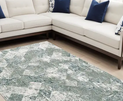 10' X 13' Green And Ivory Patchwork Distressed Stain Resistant Area Rug