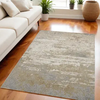 5' X 8' Ivory Gold And Gray Abstract Stain Resistant Area Rug