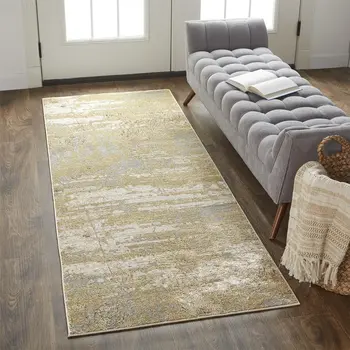 8' Gold and Ivory Abstract Power Loom Runner Rug