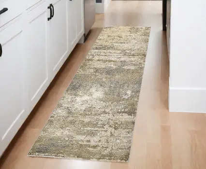 8' Gold and Ivory Abstract Power Loom Runner Rug