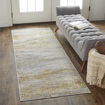 8' Gray and Ivory Abstract Power Loom Runner Rug