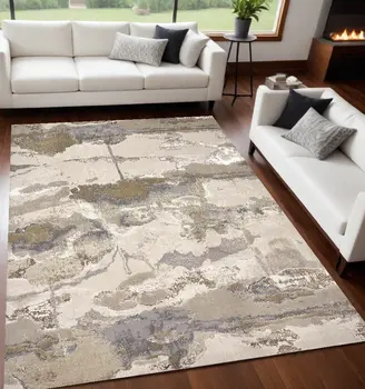 5' X 8' Gray Ivory And Gold Abstract Stain Resistant Area Rug