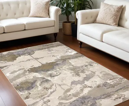 10' X 13' Gray Ivory And Gold Abstract Stain Resistant Area Rug