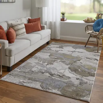 10' X 13' Gray Ivory And Gold Abstract Stain Resistant Area Rug