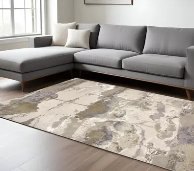 12' X 15' Gray Ivory And Gold Abstract Stain Resistant Area Rug