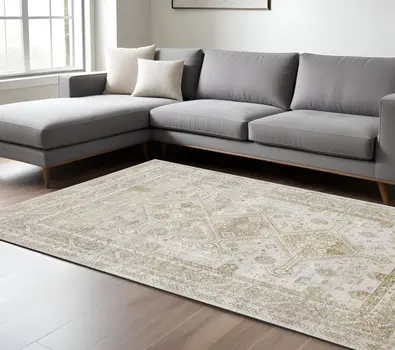 8' X 10' Gold and Ivory Floral Non Skid Area Rug