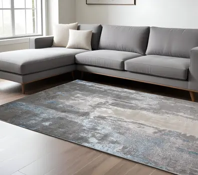 12' X 18' Gray Ivory And Blue Abstract Area Rug