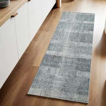 8' Blue and Gray Abstract Power Loom Runner Rug
