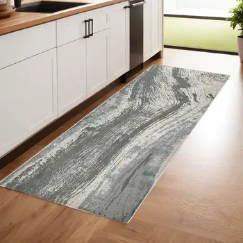 8' Blue and Gray Abstract Power Loom Runner Rug