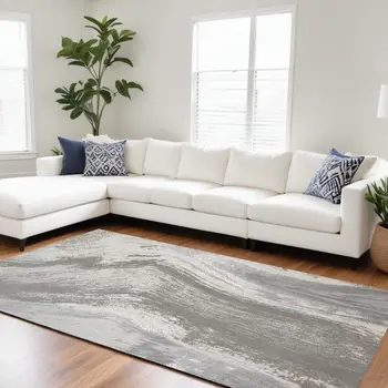 12' X 15' Gray Ivory And Blue Abstract Area Rug