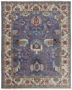 9' X 12' Blue And Red Wool Floral Hand Knotted Stain Resistant Area Rug
