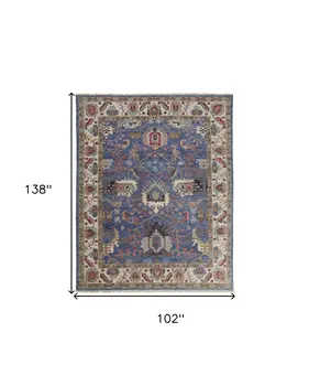 9' X 12' Blue And Red Wool Floral Hand Knotted Stain Resistant Area Rug