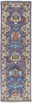 8' Blue and Beige Wool Floral Hand Knotted Runner Rug With Fringe