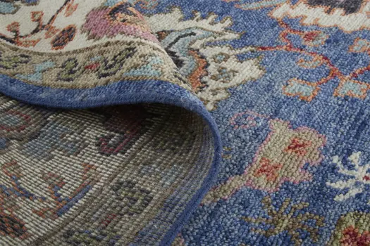 8' Blue and Beige Wool Floral Hand Knotted Runner Rug With Fringe
