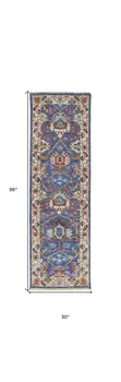 8' Blue and Beige Wool Floral Hand Knotted Runner Rug With Fringe