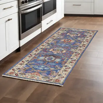 8' Blue and Beige Wool Floral Hand Knotted Runner Rug With Fringe