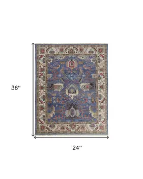 2' X 3' Blue and Beige Wool Floral Hand Knotted Area Rug