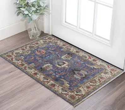 2' X 3' Blue and Beige Wool Floral Hand Knotted Area Rug
