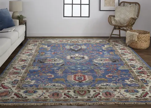 2' X 3' Blue and Beige Wool Floral Hand Knotted Area Rug