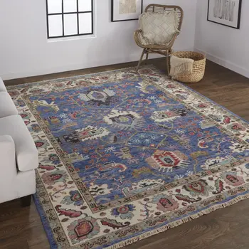 2' X 3' Blue and Beige Wool Floral Hand Knotted Area Rug