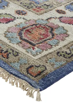 2' X 3' Blue and Beige Wool Floral Hand Knotted Area Rug