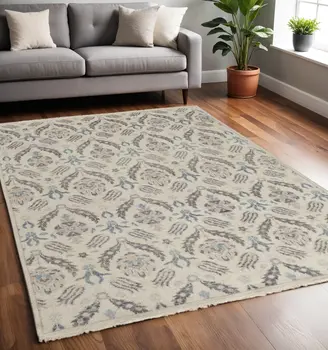 5' X 8' Gray and Ivory Wool Floral Hand Knotted Area Rug