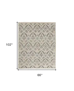 5' X 8' Gray and Ivory Wool Floral Hand Knotted Area Rug