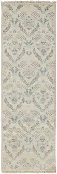 8' Gray and Ivory Wool Floral Hand Knotted Runner Rug With Fringe