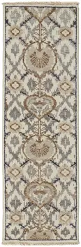 8' Gray and Ivory Wool Floral Hand Knotted Runner Rug With Fringe