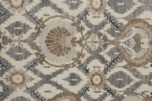 8' Gray and Ivory Wool Floral Hand Knotted Runner Rug With Fringe